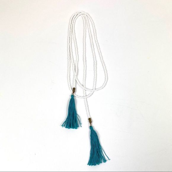 White seed bead with aqua tassel wrap necklace - Picture 8 of 15